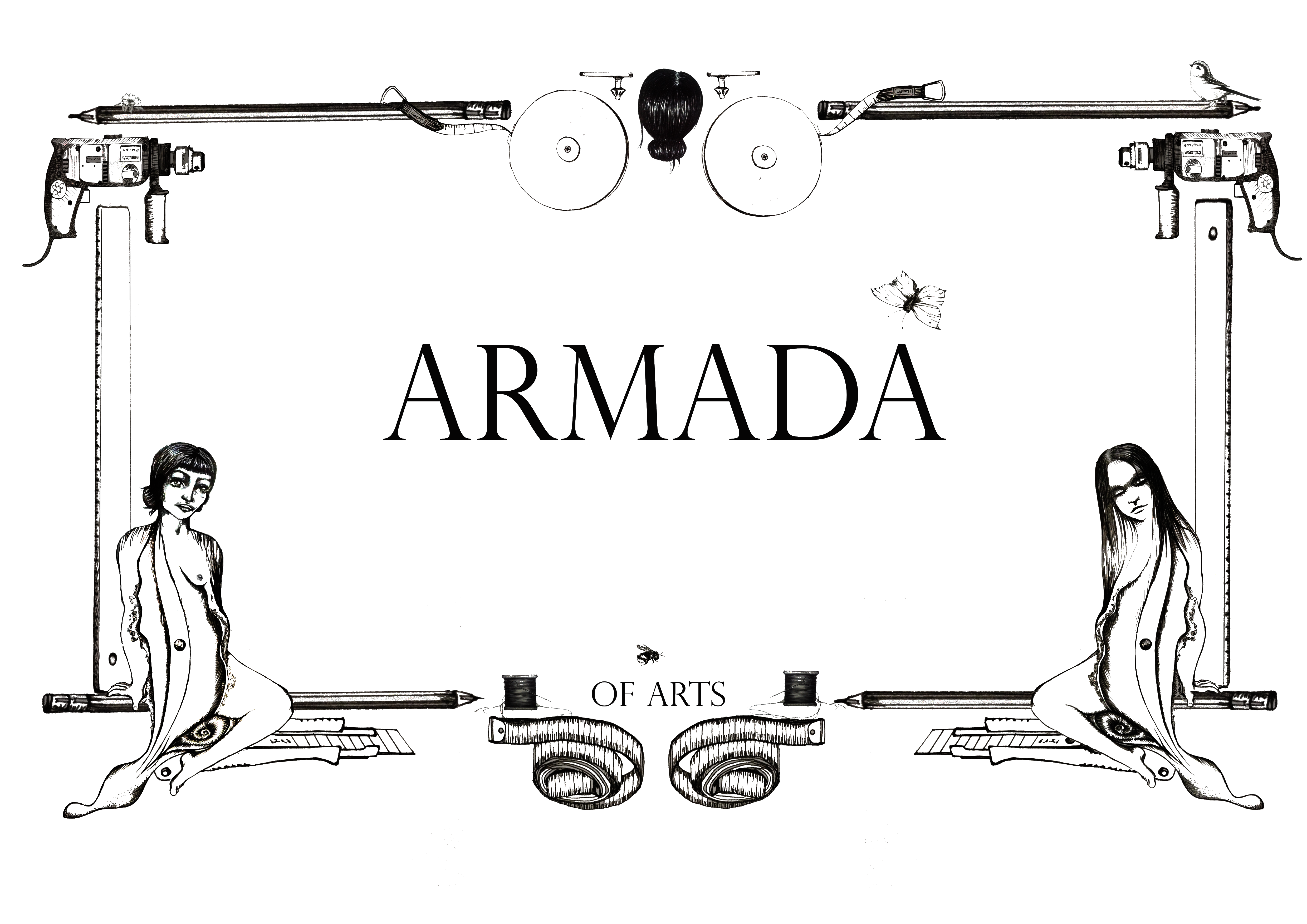 Armada of Arts Schriftzug in einem Rahmen aus Stiften, Bohrmaschinen, Linealen, Maßbändern und anderem Werkzeug. In den Ecken sitzen zwei Frauen.